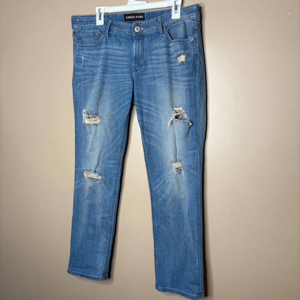 Express Womens Sz 12 Cropped Skinny Low Rise Distressed Light Wash Denim Jeans